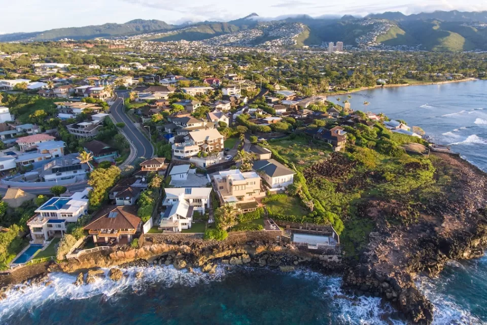 Aerial view of residential neighborhood on coast near Honolulu in Kahala, Oahu, Hawaii.